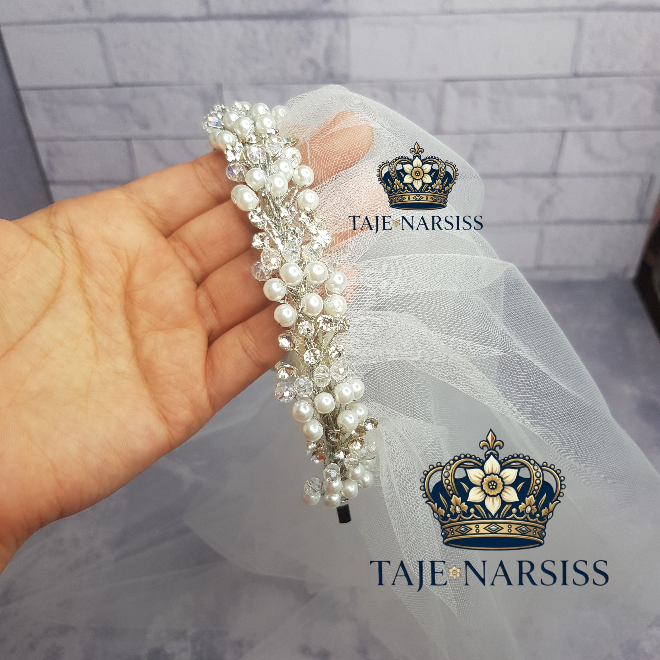 تور عروس ریسه دار مرواریدی